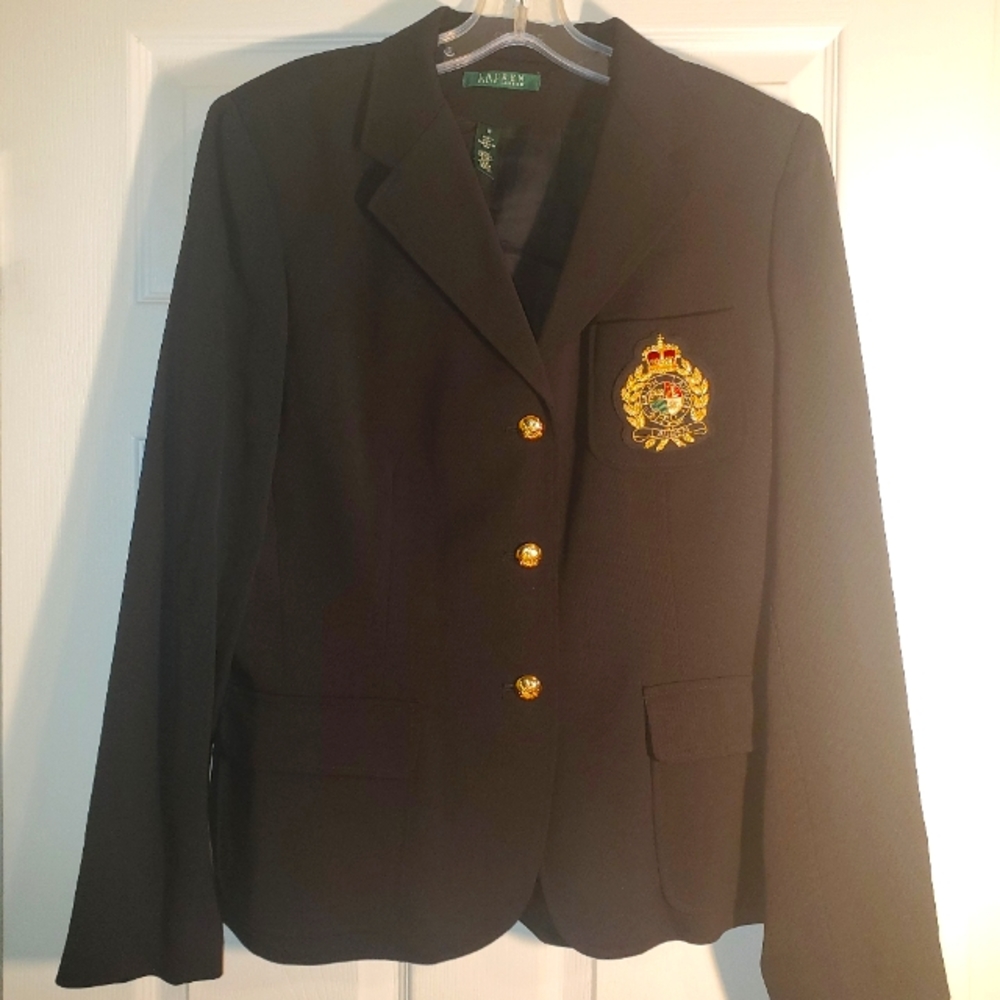 NWT Lauren Ralph Lauren Vintage Black Wool Blazer with 3D Gold Crown&Crest Sz 14